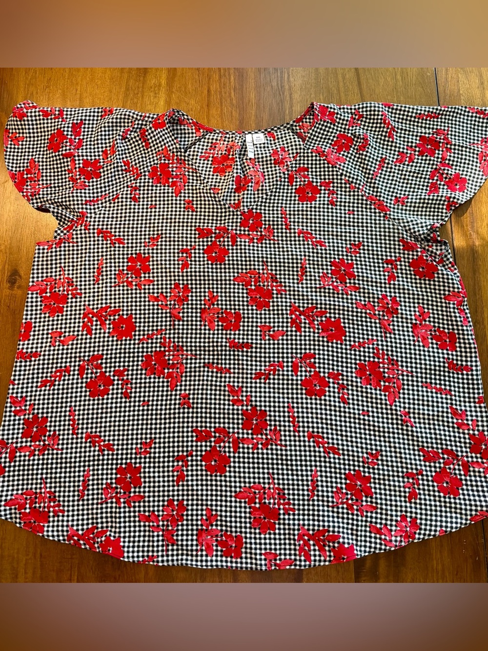 Casual Black & White Gingham Shirt with Red Floral Print